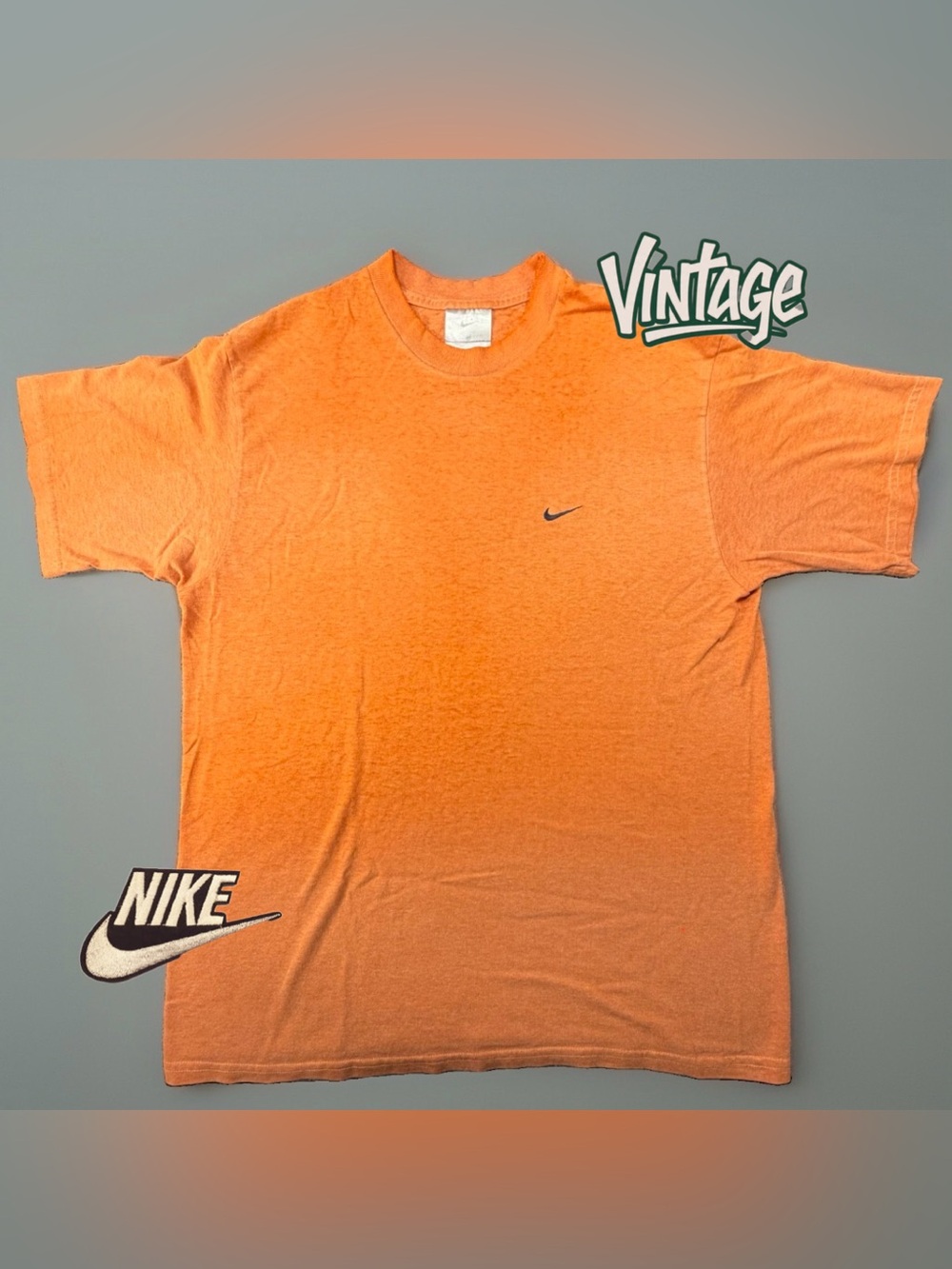 Vintage 90s Y2K Nike T Shirt Mens M Faded Orange Mini Swoosh Logo 20x26.5